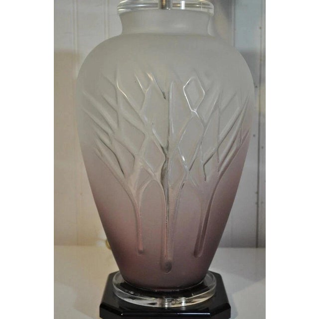 Vintage Mid Century Modern Frosted Purple Glass & Lucite Lalique Style Table Lamps - a Pair. Item features frosted glass...