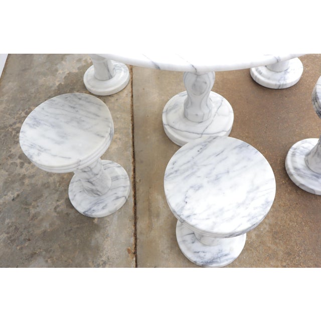 Vintage Italian Solid Carrara Marble Pedestal Dining Table With 6 Stools Garden Bistro 50's 60's Hollywood Regency Neoclassical For Sale - Image 4 of 11