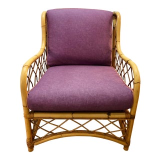 1970s Vintage Upholstered Rattan Bamboo Wingback Chair For Sale