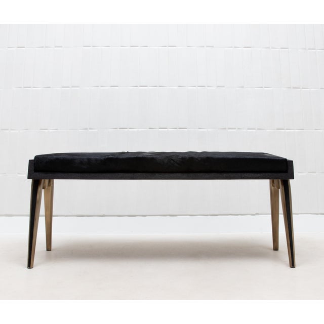 Modern Upholstered Hide Bench in Black Shagreen With Bronze Patina Brass by R&y Augousti For Sale - Image 3 of 11