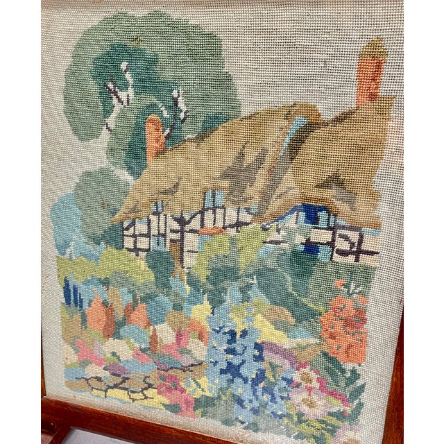 1920s Antique Needlepoint Fires Screen With Cottage Garden Scene, Wood Framed Hearth Screen, C. 1920s–1940s For Sale - Image 5 of 11