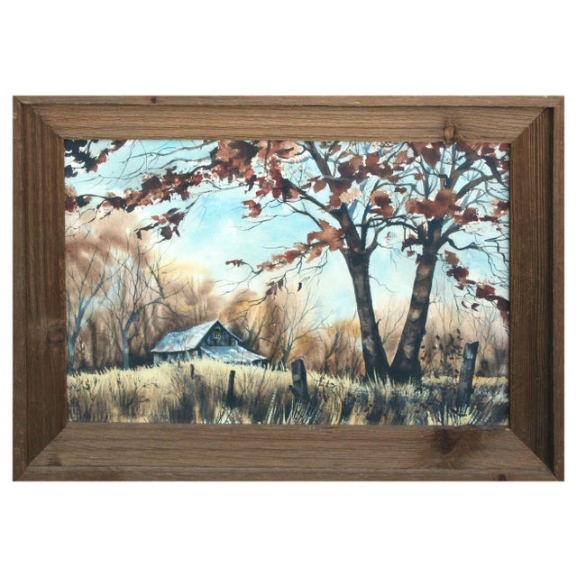 850 1960s Mid Century Rural Farmhouse Landscape Watercolor Painting With Barn by Kay Swanson For Sale In Monterey, CA - Image 6 of 6