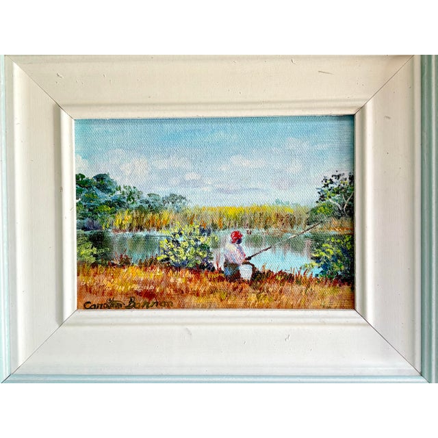 American 1970s Original Carolton Barron Florida Marsh Landscape Painting in Light Blue Frame For Sale - Image 3 of 9