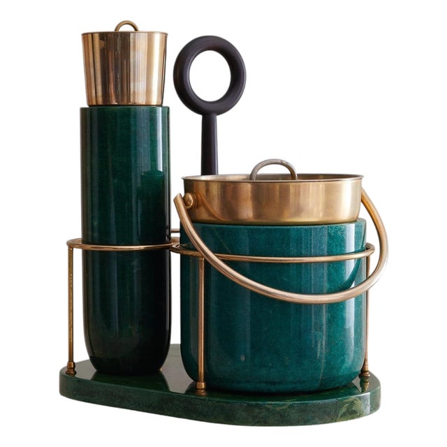 Italian Green Goatskin + Brass Cocktail Set Attributed to Aldo Tura, 1970s For Sale