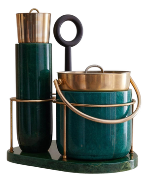 Italian Green Goatskin + Brass Cocktail Set Attributed to Aldo Tura, 1970s