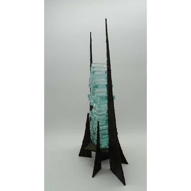 Modernist Abstract Glass and Wrought Iron Art Sculpture, 1980s, in Very Good conditions. Designed 1980 to 1989