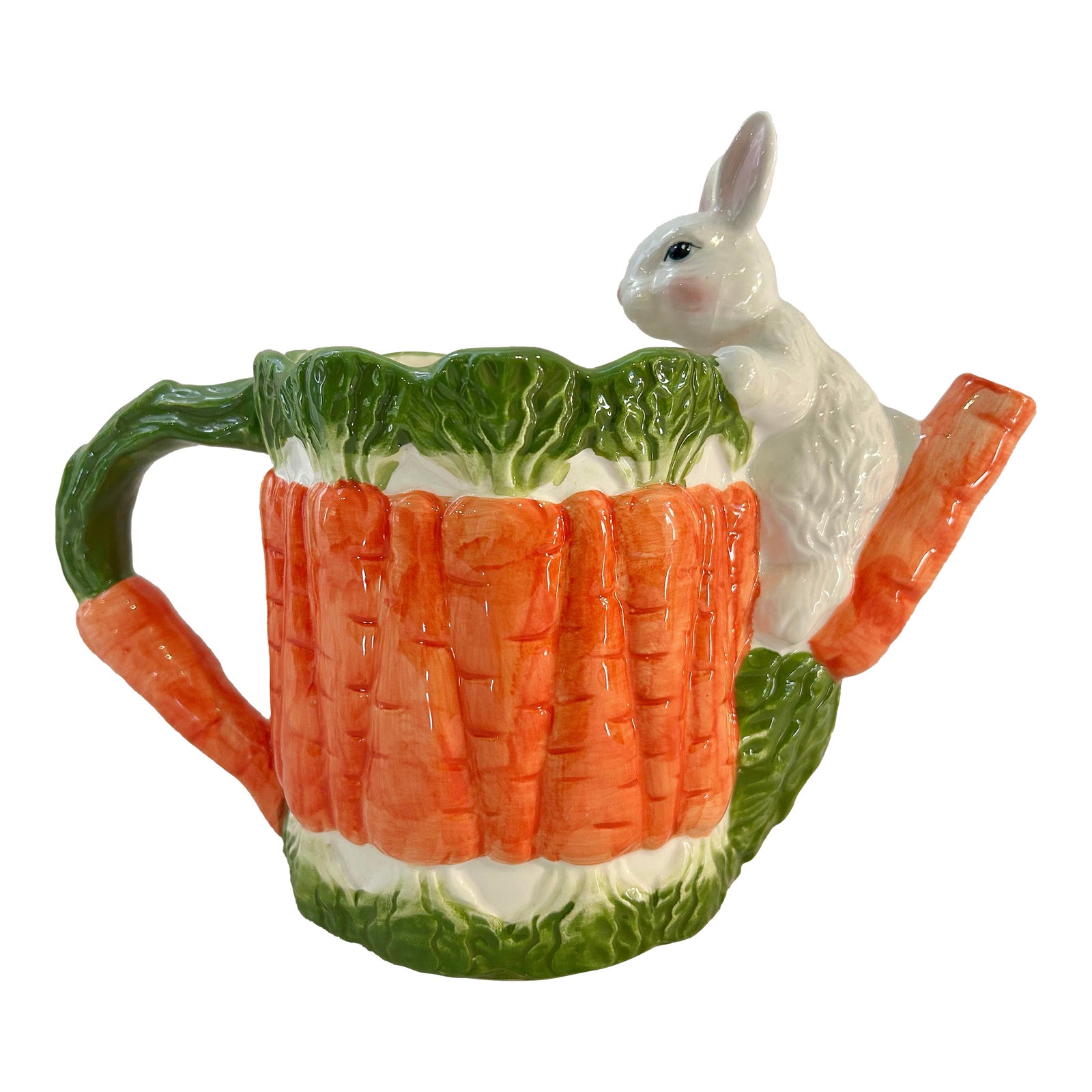 Vintage Majolica Style Ceramic Bunny Rabbit and Carrots Pitcher | Chairish
