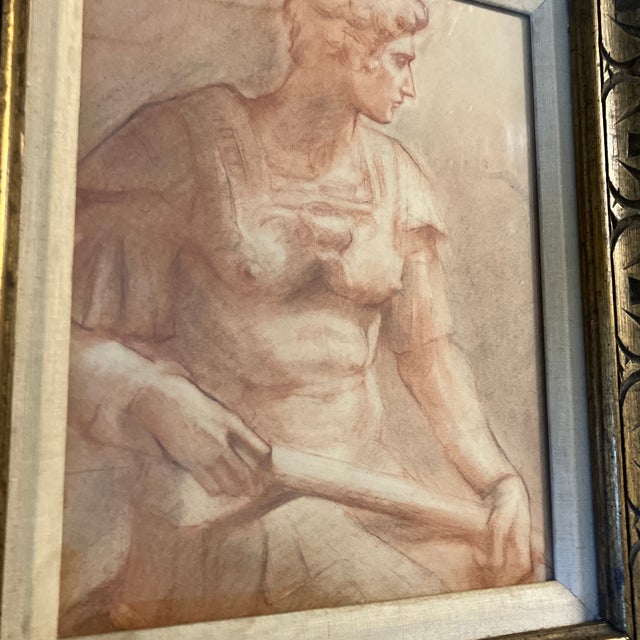 Original 11 x 14 sepia drawing on paper unsigned study Overall size with vintage carved wood frame with aged & stained...