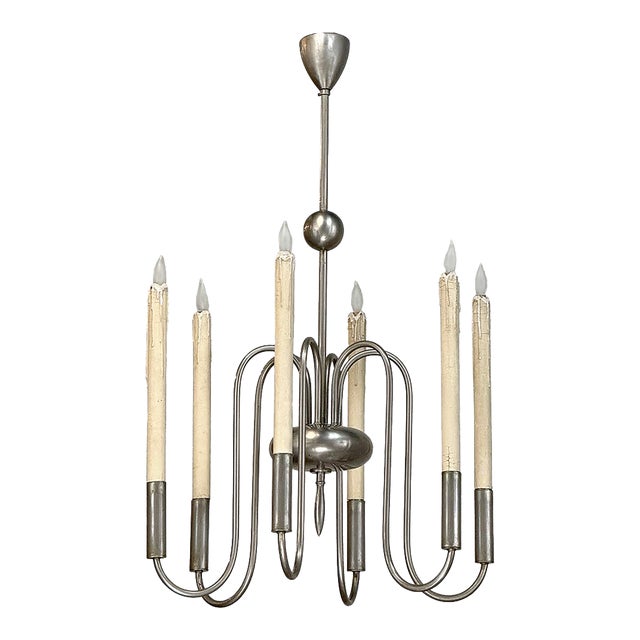 Mid Century French Modern Brushed Aluminum Chandelier For Sale