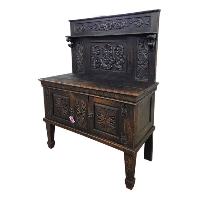 Unique 19th Century Oak Carved English Sideboard/Buffet With Tall Back For Sale