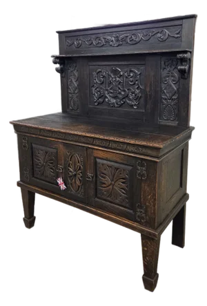 Unique 19th Century Oak Carved English Sideboard/Buffet With Tall Back