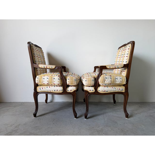 1970s Vintage Louis XV Style French Provincial Walnut Upholstered Armchairs - A Pair For Sale - Image 5 of 17