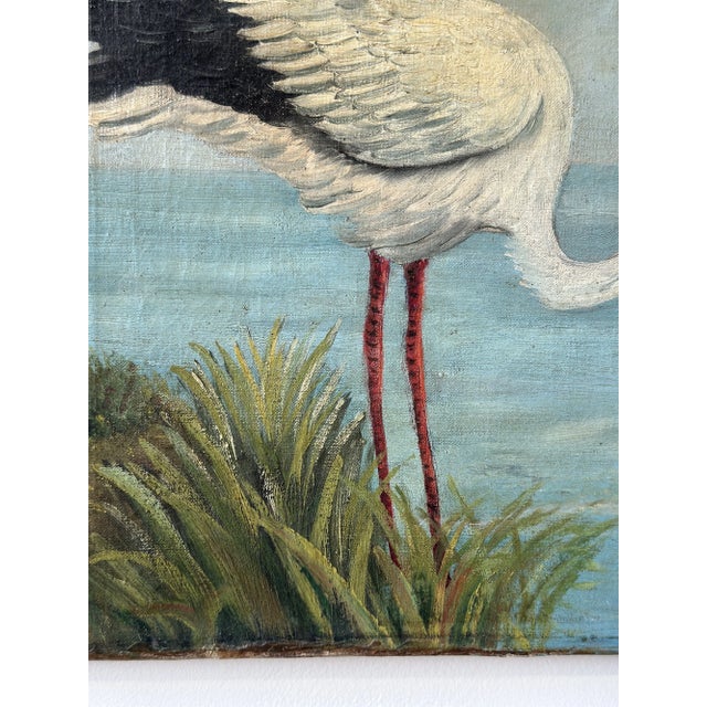 Wood Antique Victorian Oil on Canvas Marsh Scene of Stork Delivering Baby, Circa 1880s For Sale - Image 7 of 15