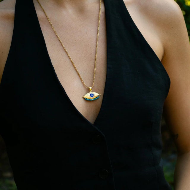 Spiritual Aura Turquoise Evil Eye Gold Necklace For Sale - Image 9 of 11