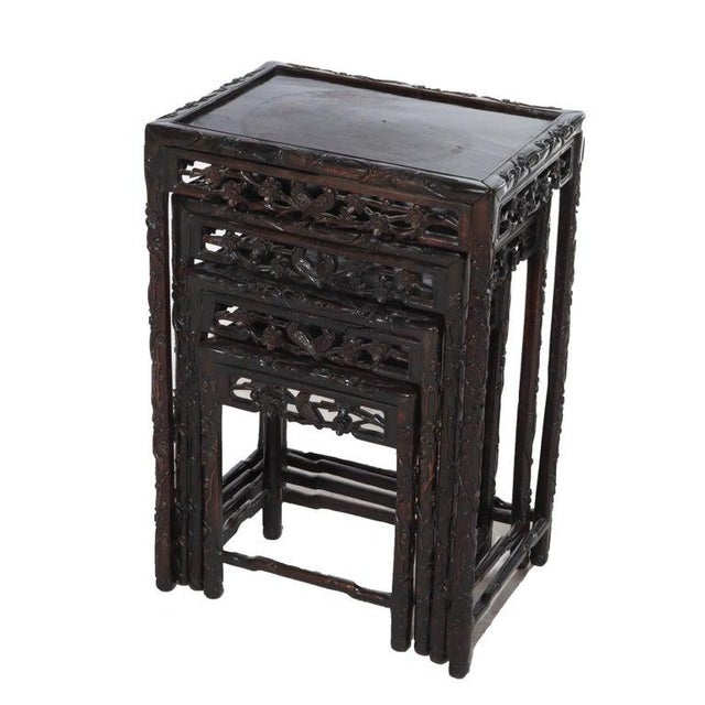 Set of 4 Antique Chinese Floral & Figural Carved Hardwood Nesting Tables For Sale - Image 6 of 13