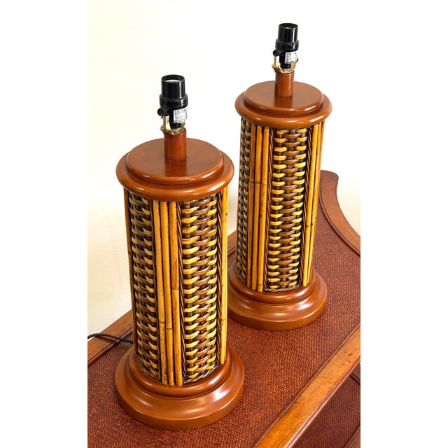 Hollywood Regency Vintage Bamboo and Woven Rattan Coastal Table Lamps - a Pair For Sale - Image 3 of 11