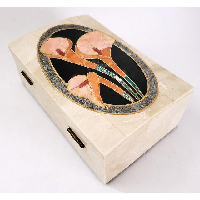 Offering a vintagePietra Dura tessellated Cloisonne style domed marble jewelry box with calla lilies, circa Late 20th...