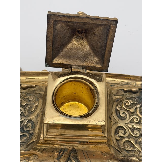 Metal Vintage Elaborate Brass Desk Inkwell Stand With Pen Trays For Sale - Image 7 of 9