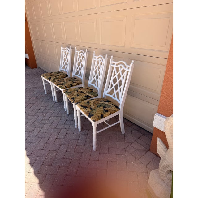 Liberty & Co. Mid 20th Century Faux Bamboo Fretwork Chinoiserie Liberty Dining Chairs Set of 4 For Sale - Image 4 of 7
