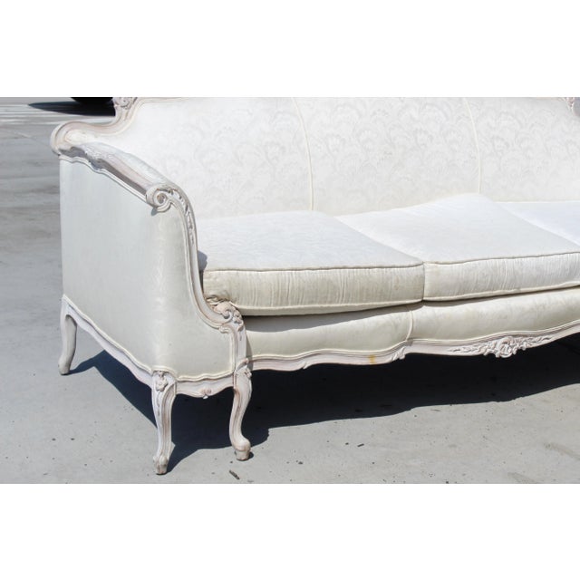 Shabby Chic Louis XV Style Vintage White Settee For Sale - Image 3 of 11