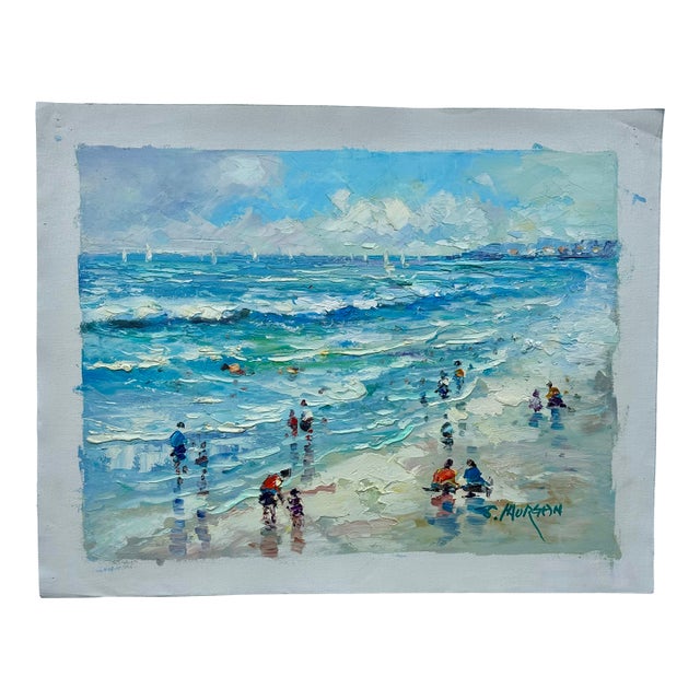 Contemporary Coastal Beach Seascape Oil Painting on Canvas, Unstretched, by J. Morgan For Sale