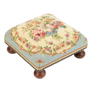 Aubusson Bouquet Blue Tapestry Footstool For Sale