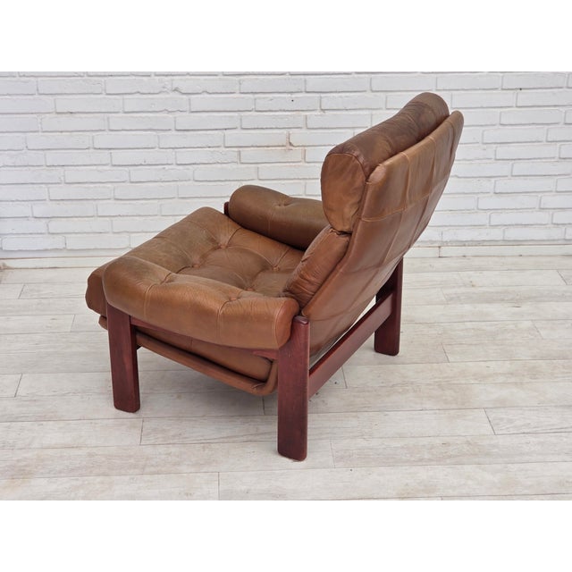 Brown Set of Swedish Lounge Chair and Ottoman in Leather, 1970s For Sale - Image 8 of 18