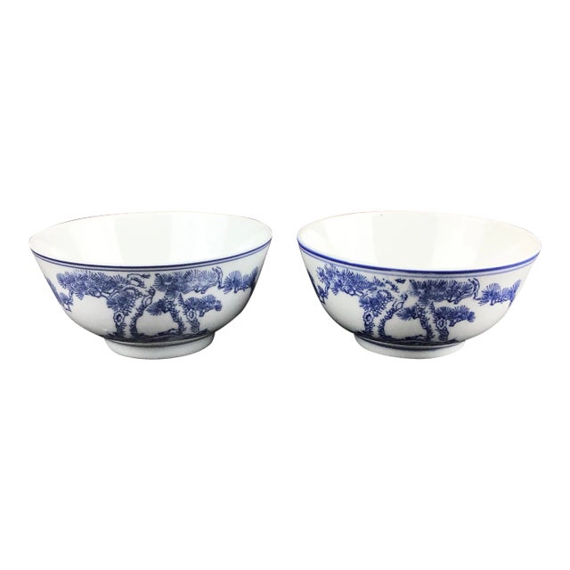 Vintage Chinese Hand Painted Underglaze Rice Bowls For Sale