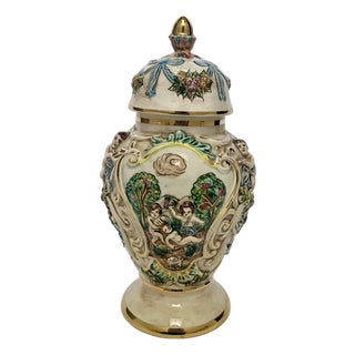 Vintage Capodimonte Jar With Lid – Cherub & Floral Relief For Sale