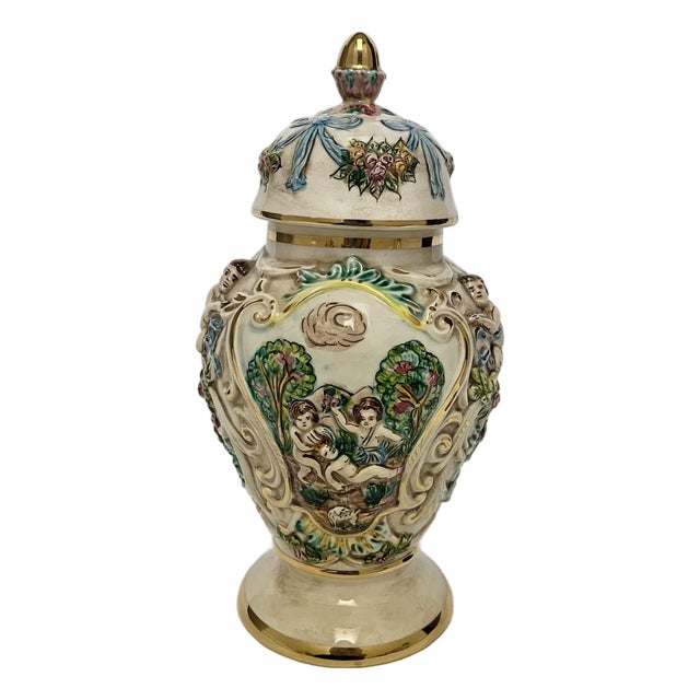 Vintage Capodimonte Jar With Lid – Cherub & Floral Relief For Sale