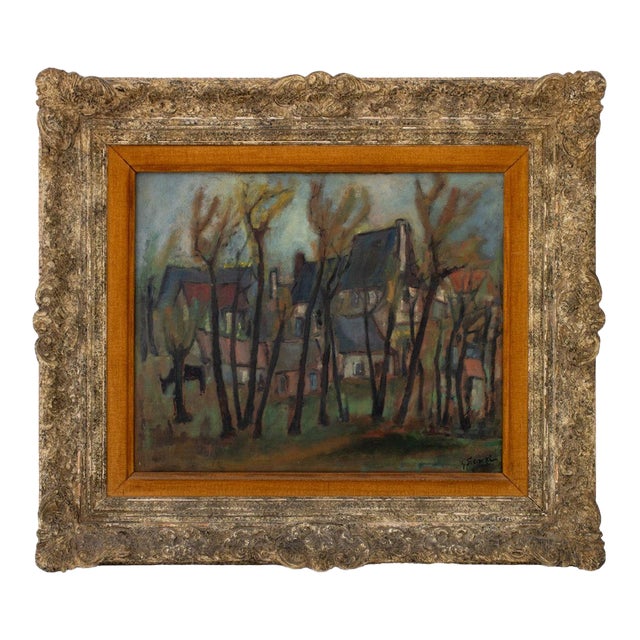George Rene Sininki Village Scene Oil on Canvas For Sale