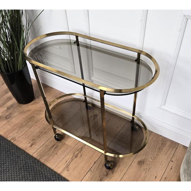 Metal Italian Two-Tier Brass and Glass Bar Cart with Dark Glass Top by Milo Baughman, 1970s For Sale - Image 7 of 9