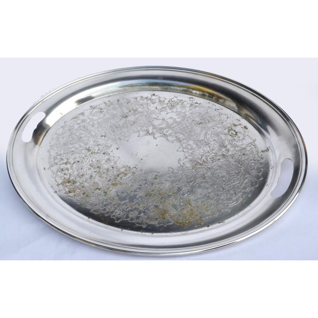 Victorian Early 20th Century Distressed Look Gorham Oval Silver Plate Platter Butler Tray For Sale - Image 3 of 10