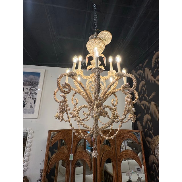 Vintage Coastal Shell Seashell Encrusted Coastal Palm Beach 12 Light Chandelier For Sale - Image 11 of 12