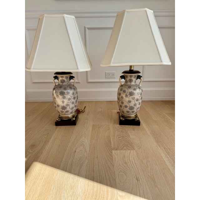 Baby Blue Pair of Frederick Cooper Hand-Painted Porcelain Urn Table Lamps, C. 1970s For Sale - Image 8 of 9