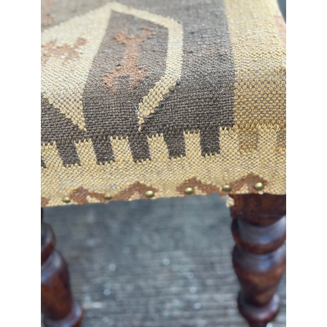 Mid 20th Century Upholstered Bench With Kilim Style Fabric and Turned Wood Legs For Sale - Image 9 of 12