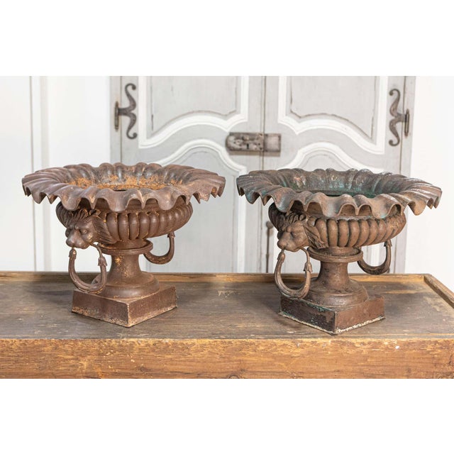 A stunning pair of 19th-century French cast iron urns, exuding classical elegance and fine craftsmanship. These decorative...