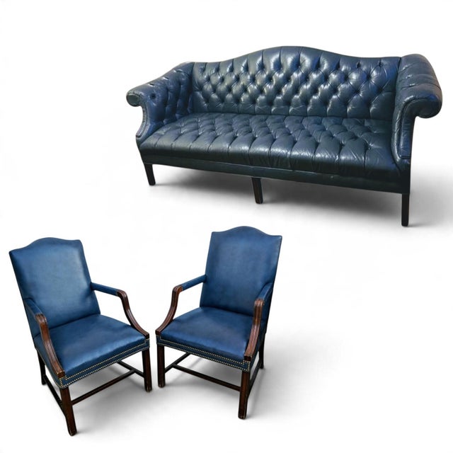 Timeless Elegance: The Hancock & Moore Blue Leather Armchair Pair 1980s For Sale - Image 11 of 12