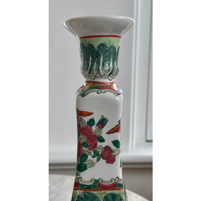 Vintage Chinese Famille Verte Bok Choy Porcelain Candlestick Holders - A Pair For Sale - Image 10 of 14