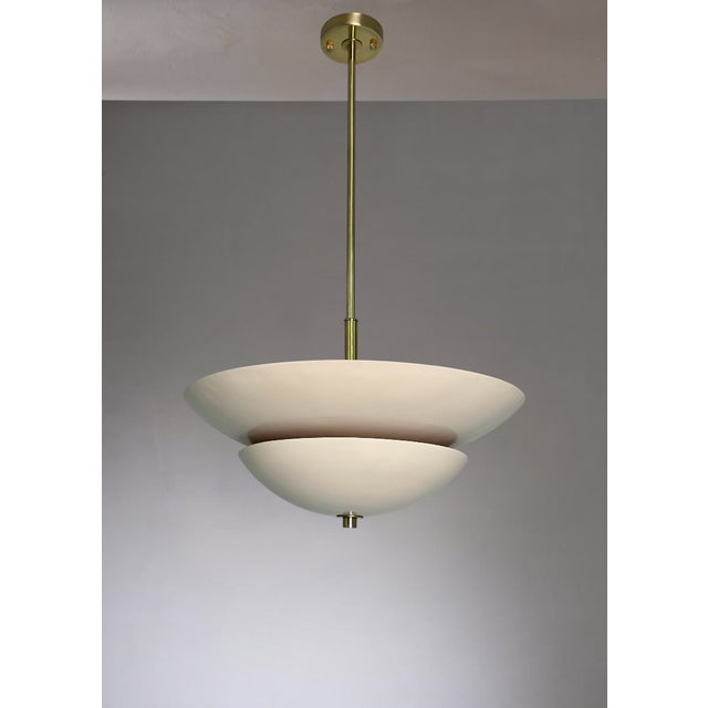 Metal Cream Color Pendant Light Fixture With White and Antique Brass Finish For Sale - Image 7 of 12