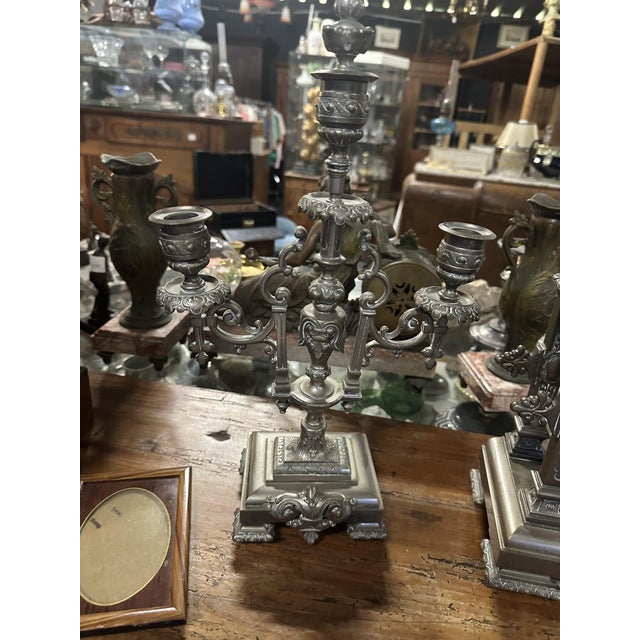 Napoleon III Clock in Silver-Plated Bronze with Candelabras, Set of 3 For Sale - Image 5 of 6