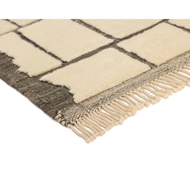 Contemporary Hand-Drawn Grid Hand-Knotted Moroccan Wool Rug | 13'7" X 9'7" | One of a Kind For Sale - Image 3 of 9