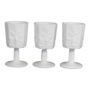 Westmoreland White Milk Glass Paneled Grape Set of Three Goblets Cups