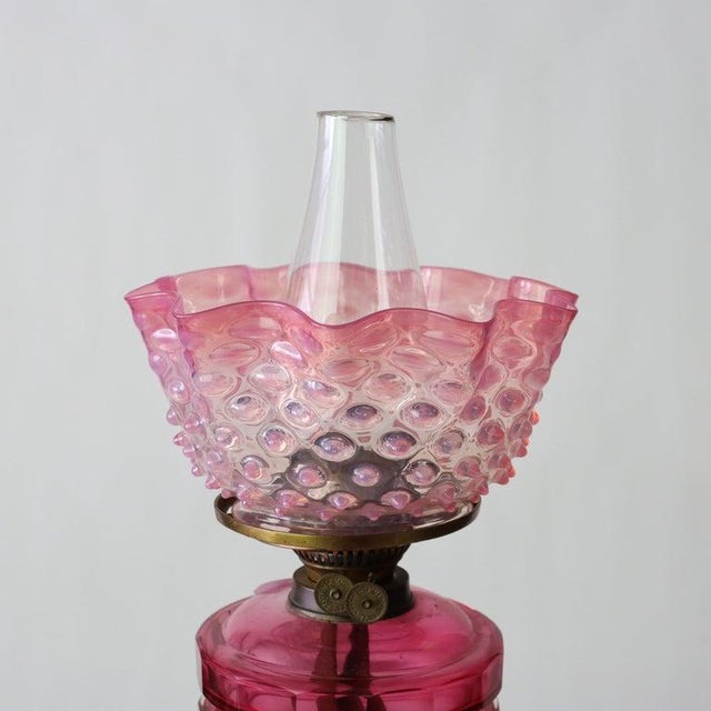 Antique English John Scott Bronze & Cranberry Glass Oil Lamp With Cranberry Opalescent Hobnail Glass Shade Signed C1890...