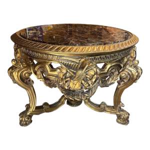 Vintage Asnaghi Interiors Hand Carved Giltwood Center Hall Table With Brown Marble Top