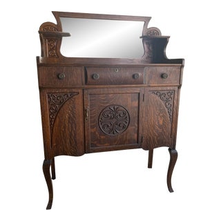Late 19th Century Antique Jacobean Buffet/ Sideboard, Tiger Oak With Carved Details and Mirror For Sale