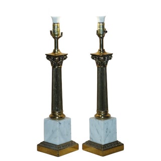 Large Vintage Roman Corinthian Pillar Table Lamps in Marble and Brass, Set of 2 For Sale