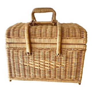 Mid-Century Rattan Sewing/Decorative Basket With Folding Latch Handle For Sale