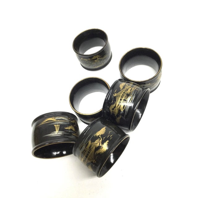 Art Deco Antique Japanese Lacquered Wood Hand-Painted Napkin Rings Set of 6 For Sale - Image 3 of 9