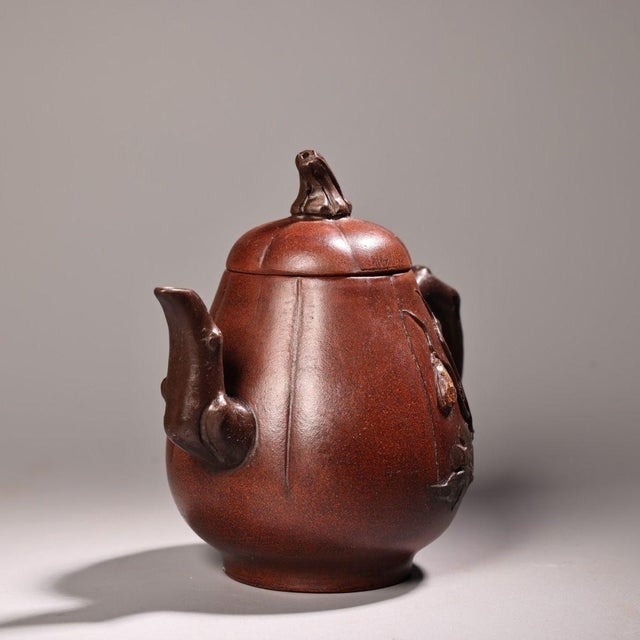 Chinese Vintage Chinese Yixing Zisha Clay Teapot - Organic Gourd Shape With Relief Vines & Fruit For Sale - Image 3 of 9
